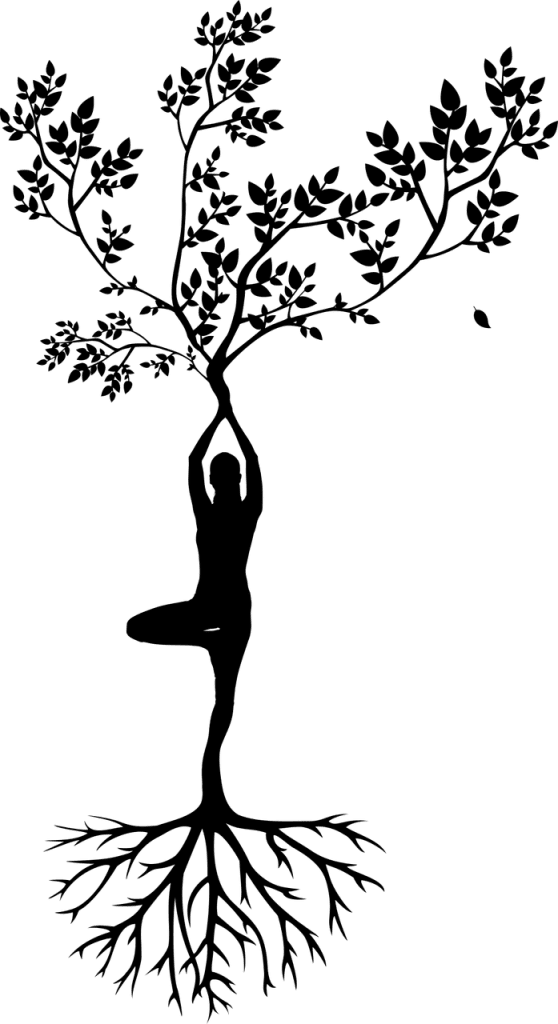 Girl in yoga stance with branches growing from her hands and roots from her foot
