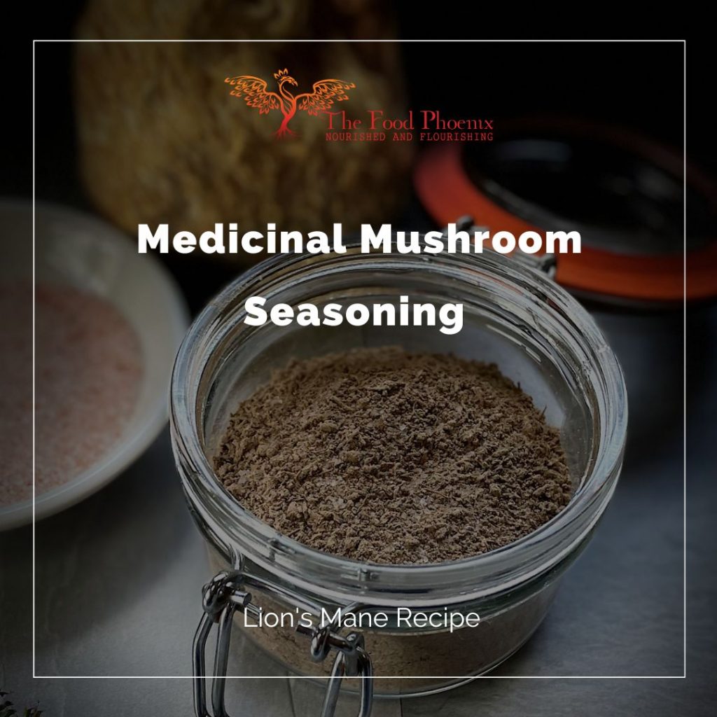 Medicinal Mushrooms Seasoning - Lion's mane recipe with fresh lion's mane in the background, pink Himalayan salt on a dish and fresh flowering thyme