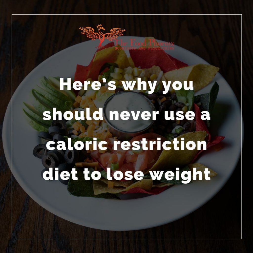 Here's why you should never use a caloric restriction diet to lose weight – white writing with a salad in the background