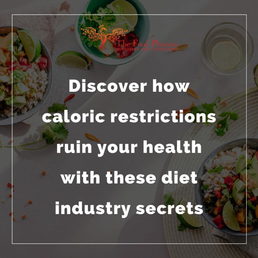 Discover how caloric restrictions ruin your health with these diet industry secrets – white writing on background with bowls of salad