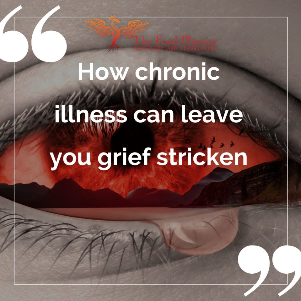How chronic illness can leave you grief stricken quote superimposed on image of an eye with a red iris and tear with reflections of a mountainous landscape