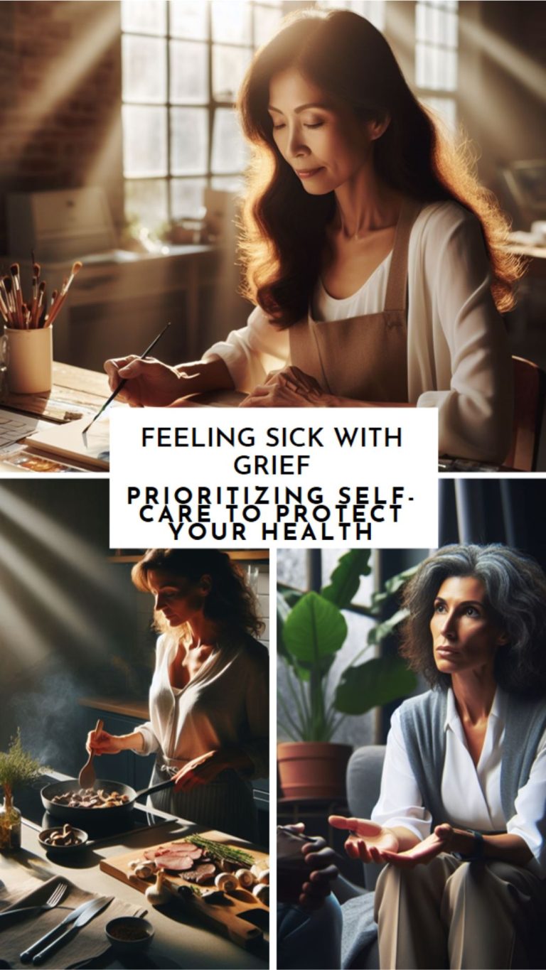 Feeling sick with grief - prioritising self-care to protect your health. 3 images. 1 of a woman painting watercolours, 1 of a woman cooking liver and bacon, 1 of a therapist working with a client
