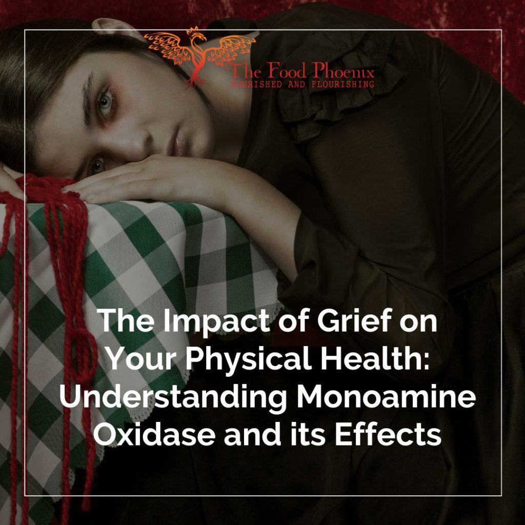 The Impact of Grief on Your Physical Health_ Understanding Monoamine Oxidase and its Effects writing one image of a sad young woman dressed in black mourning clothes draped over a table