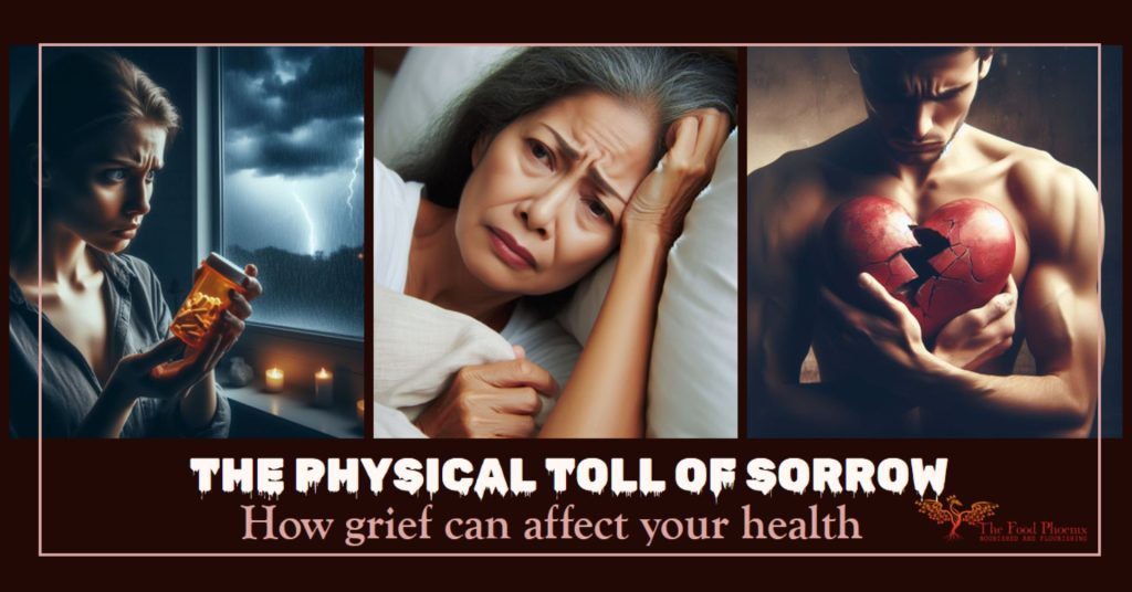 The Physical Toll of Sorrow - How Grief Can Affect Your Health with 3 images - 1 of a woman looking with horror and disbelief at a bottle of pills with lightning outside, 1 of a sad woman in bed,