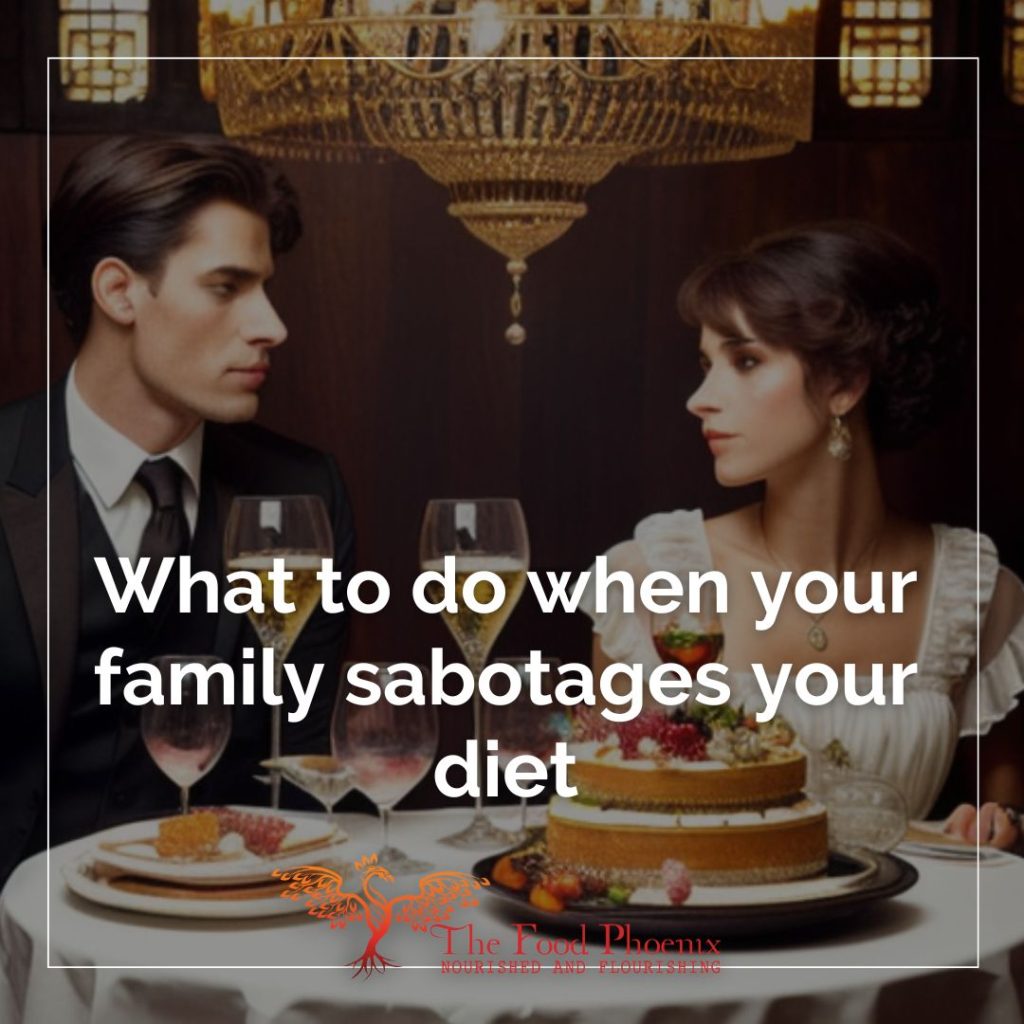 What to do when your family sabotages your diet -- writing over image of a couple staring at each other over a table with cakes and glasses of wine