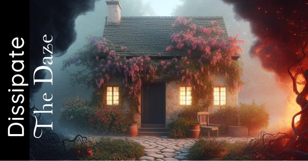An AI-generated image of a delightfully cozy, little country cottage at dawn with a flagstone path leading up to the front door and wisteria growing over the front, roses and fruit trees in the garden. Inviting, golden light streams from the windows. Thick black fog pulls back from the edges of the image to reveal the cottage which stands as a haven in the mist. Writing along the left border says "Dissipate the daze" as a metaphor for emerging from the brain fog and finding a welcoming haven in which to recover.