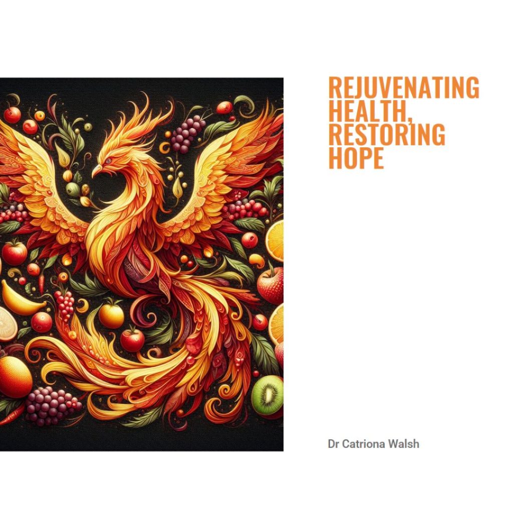 a digital image of a beautiful, fiery food phoenix with fruits and the slogan Rejuvenating health, restoring hope to signify recovering from side effects from MRI contrast